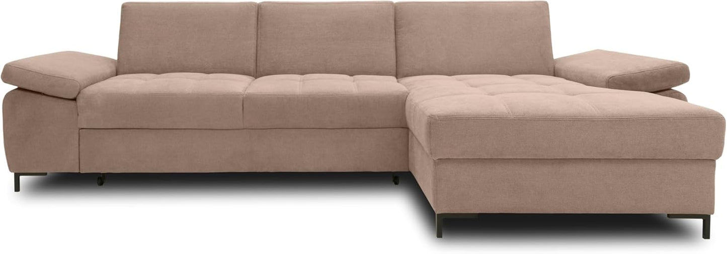 DOMO. collection Curacao Corner Sofa, Sofa Bed with Spring Core and Armrest Function in L-Shape, Couch with Sleep Function, Sofa, Upholstered Corner 297 x 160 x 84 cm (W x D x H), Cream