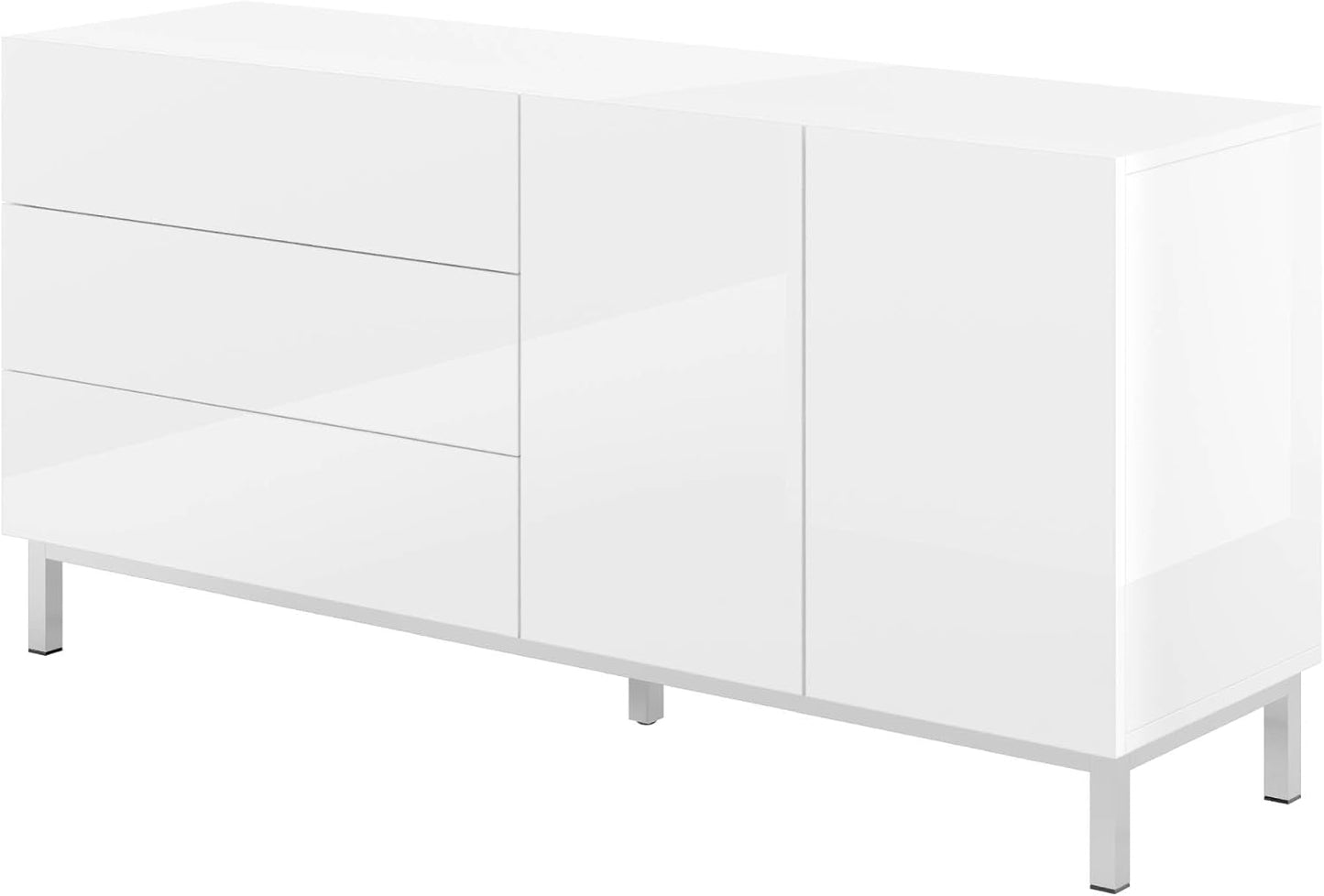 Sideboard High Gloss White with LED, Modern Sideboard with 2 Doors and 3 Drawers, Living Room, Chest of Drawers with Electro-Chromed Accents, 160 x 76 x 40 cm