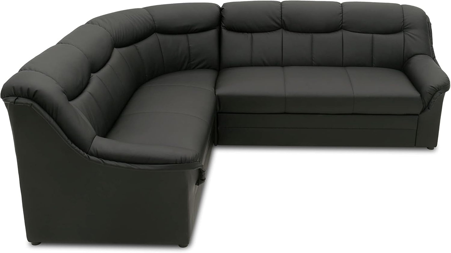 DOMO. collection Berlin Corner Sofa, Timeless Leather Corner Sofa with High-Quality Spring Core Padding, L-shaped Faux Leather, Couch 205 x 250 x 89 cm, Black