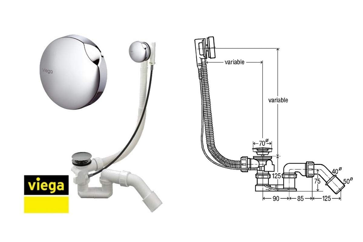 VBChome Bathtub Acrylic Set Bath Support Siphon Tub Rectangular White Design Modern Styrofoam Support Drain Fitting in Chrome Viega Simplex for 2 People