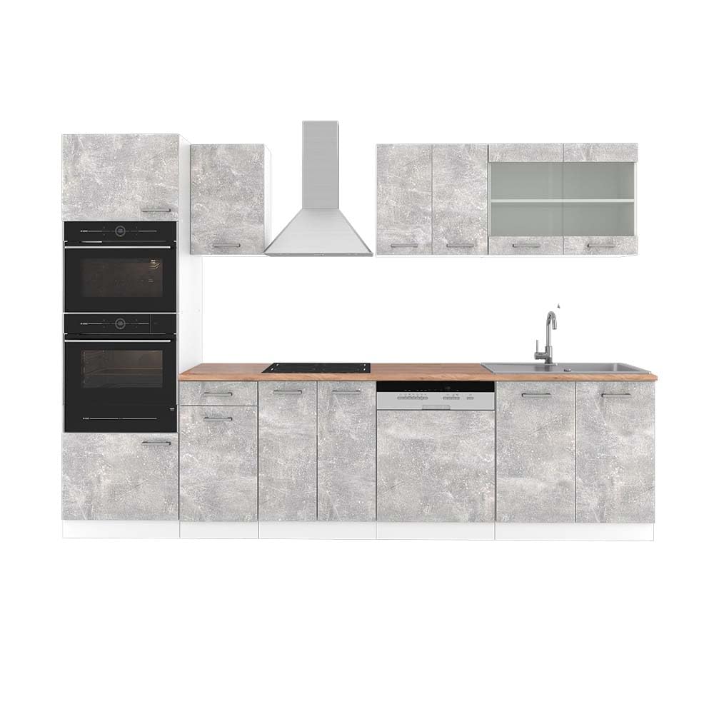 Vicco R-Line Kitchen Unit, High-Gloss Anthracite/White, 300 cm with Tall Cabinet, without Worktop
