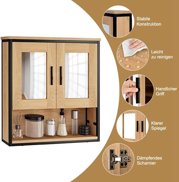 EUGAD Mirror Cabinet, Hanging Bathroom Cabinet with 2 Mirrors, Bathroom Mirror Cabinet with 3 Shelves, 2 Doors, Wall Cabinet for Bathroom, Made of Wood Material, Light Oak Black