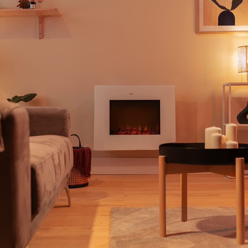 Cecotec Ready Warm 2200 Curved Flames Electric Fireplace with Remote Control, 22 Inch, 2000 W with 2 Power Levels, Curved Tempered Glass Scoreboard, 2 LED Lights, 20 m2