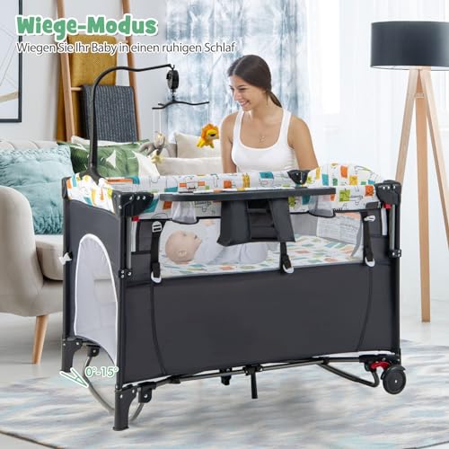 DREAMADE 5-in-1 Baby Travel Cot, 120 x 60 cm, Side Bed with Mattress & Changing Table, Music Box & Toy, Height-Adjustable Baby Bed for Baby from Birth (Dark Grey)