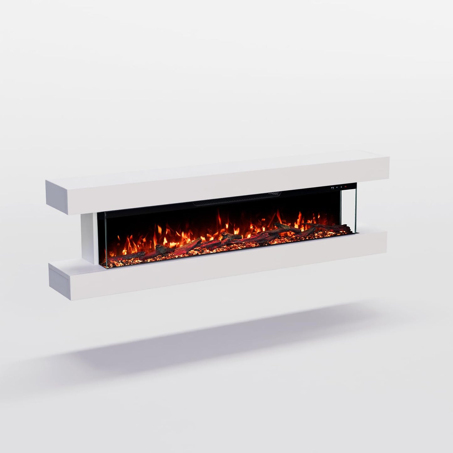 GLOW FIRE Clear Wall Electric Fireplace with Realistic 3D LED Fire - Wall Electric Fireplace with Heater and Fireplace, App Control, Crinkle Effect & Timer, Max. 1800 W, 137 x 39 x 21 cm, White