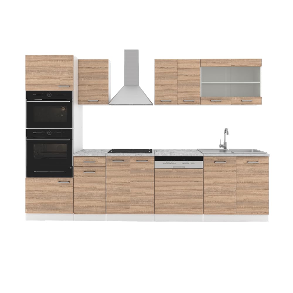 Vicco R-Line Kitchen Unit, High-Gloss Anthracite/White, 300 cm with Tall Cabinet, without Worktop