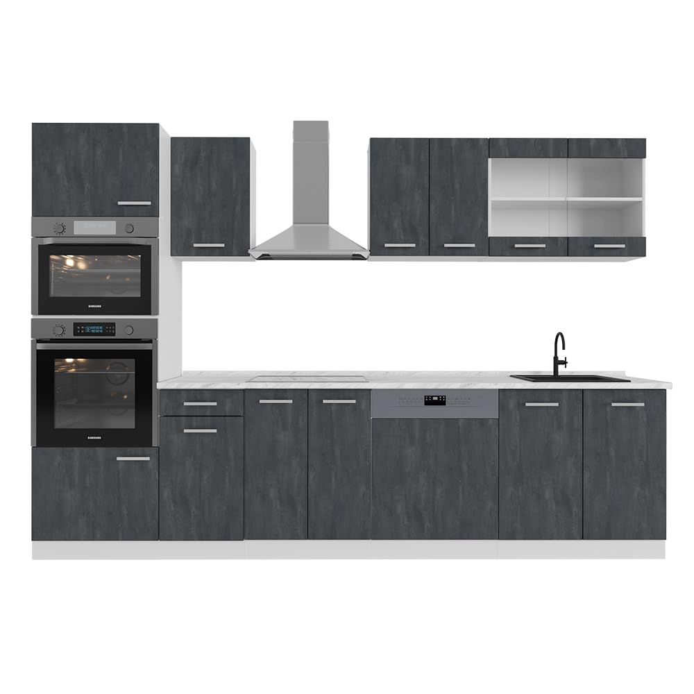 Vicco R-Line Kitchen Unit, High-Gloss Anthracite/White, 300 cm with Tall Cabinet, without Worktop