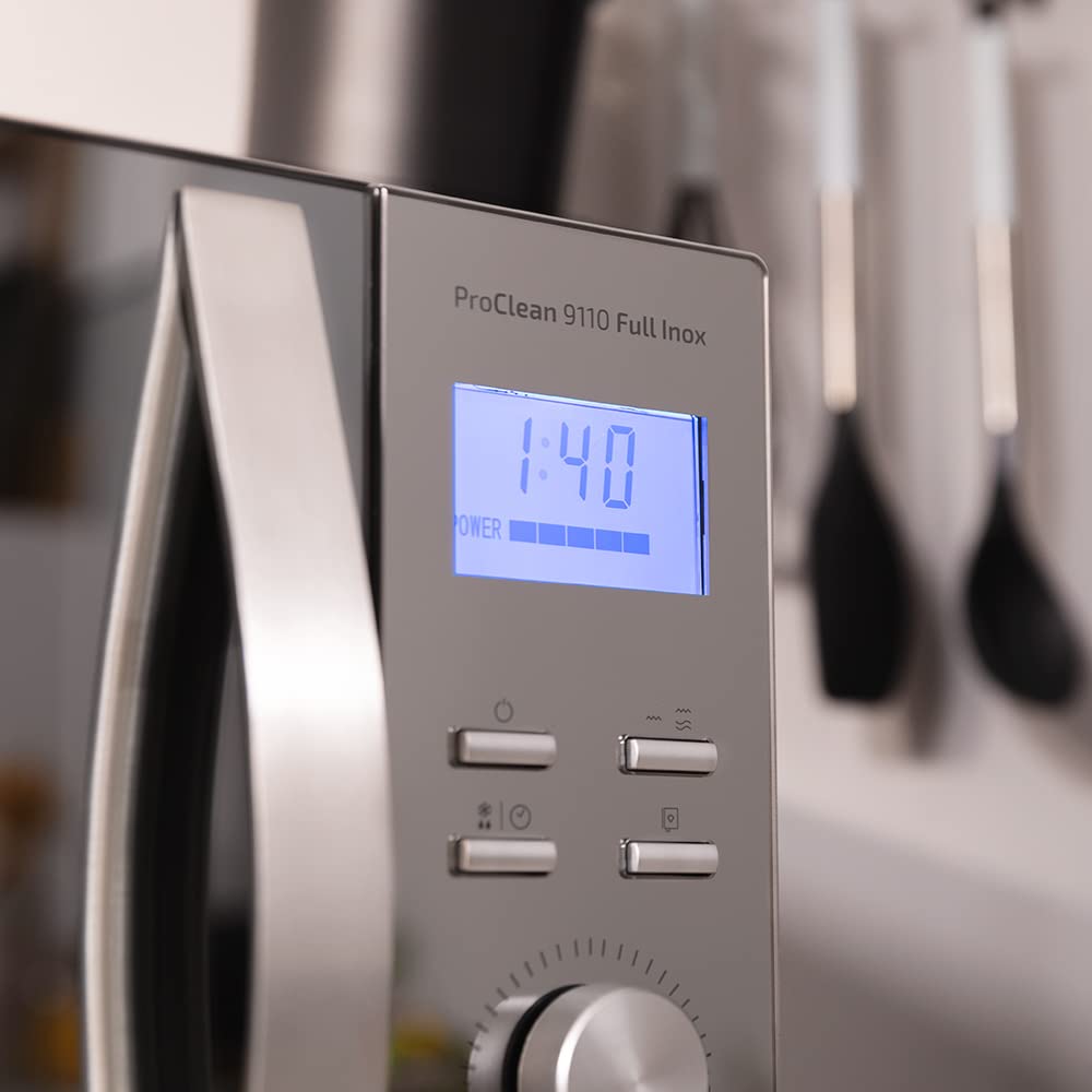 Cecotec Microwave Pro Clean 6110. 800 W, Grill 1000 W, 23 L, Ready 2 Clean Coating, 3D Wave Front Mirror, 8 Programmes, 100 Minute Timer, LED, Stainless Steel in Black / Silver