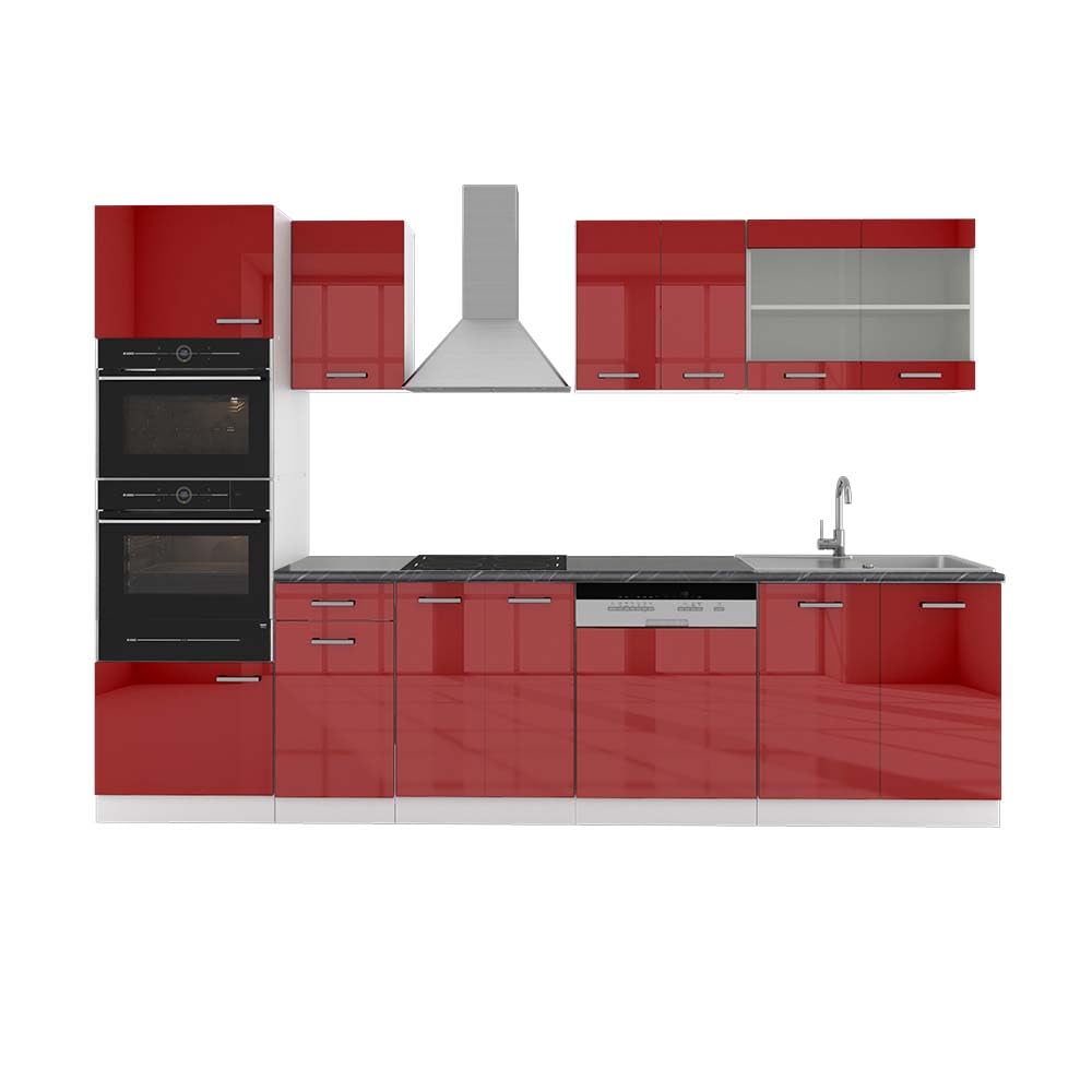 Vicco R-Line Kitchen Unit, High-Gloss Anthracite/White, 300 cm with Tall Cabinet, without Worktop