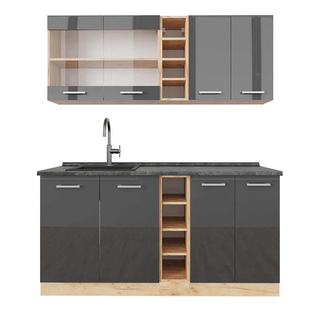 Vicco Single Kitchen R-Line Anthracite High Gloss / Goldkraft Oak 160 cm without Worktop