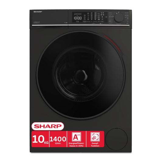 Sharp ES-WNFL914CMDA-DE Washing Machine, 9 kg, 1400 rpm, Energy Efficiency Class A (-20%), Inverter Motor, AquaStop, AquaGuard, WiFi, LED Touch, Steam Function, Black