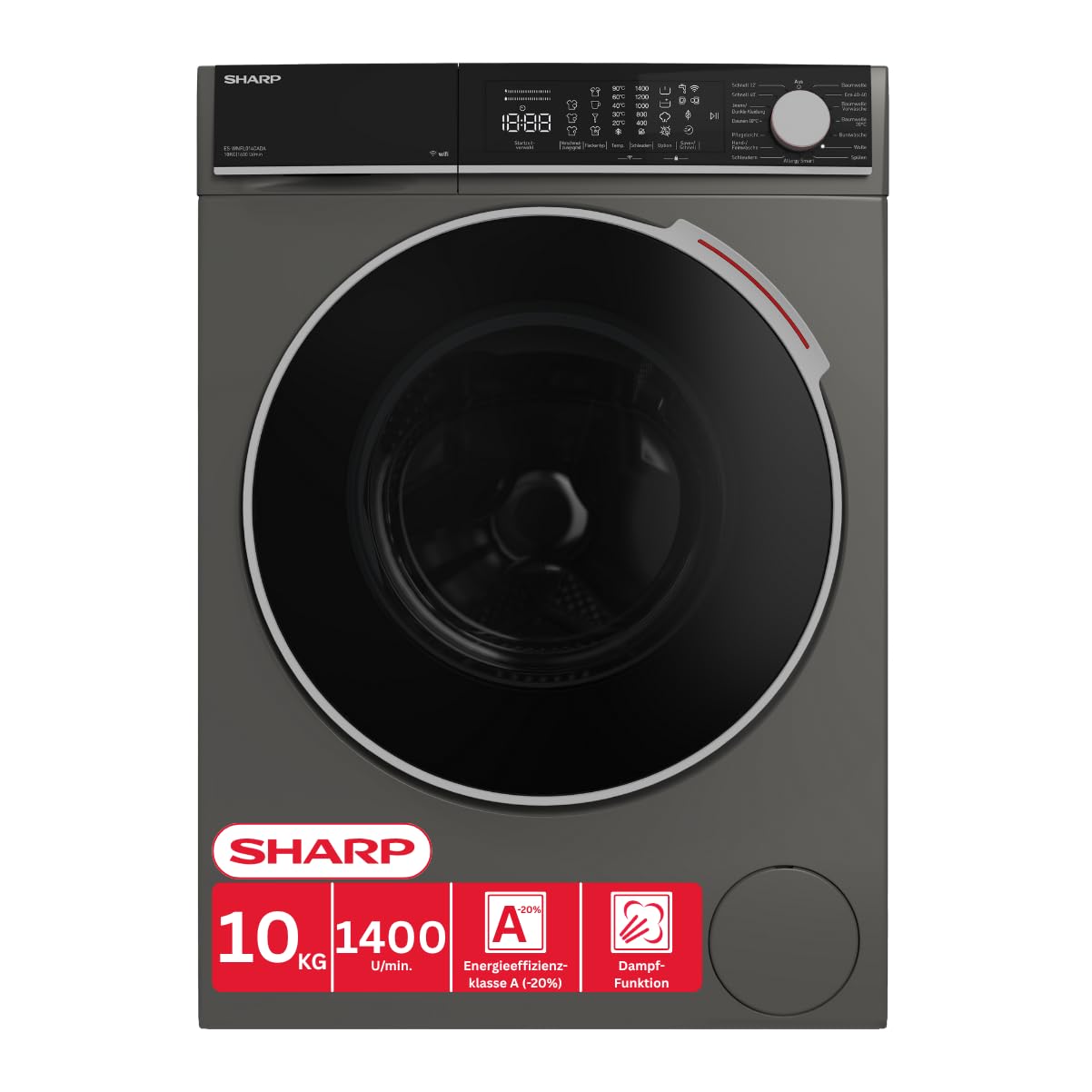Sharp ES-WNFL914CMDA-DE Washing Machine, 9 kg, 1400 rpm, Energy Efficiency Class A (-20%), Inverter Motor, AquaStop, AquaGuard, WiFi, LED Touch, Steam Function, Black