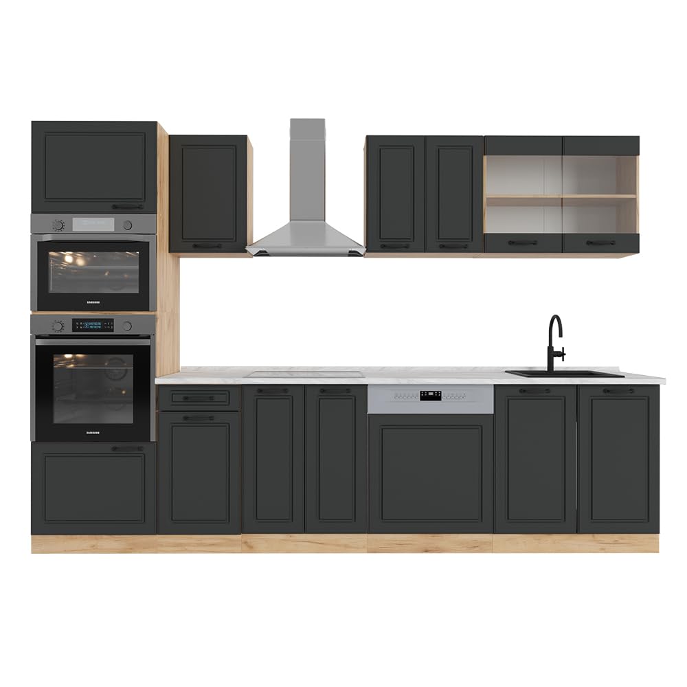 Vicco R-Line Kitchen Unit, High-Gloss Anthracite/Goldkraft Oak, 300 cm with Tall Cabinet, without Worktop