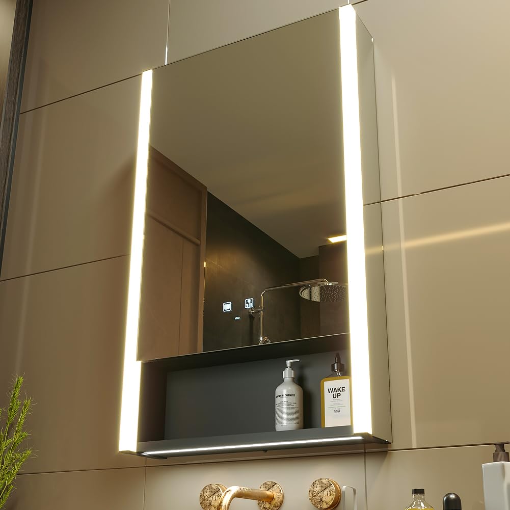 KWW LED Beleuchtetes Badezimmer Medizin Kabinett mit Spiegel, Farbtemperatur Einstellbar, Anti-Nebel Dimmbare Lichter, Steckdosen für USBs (75 x 70 cm)