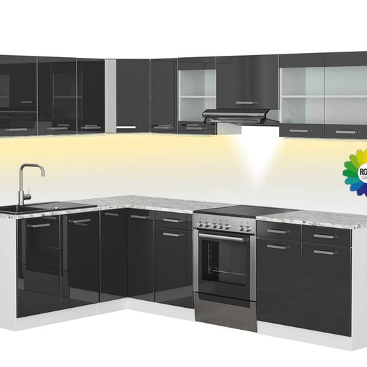 Vicco Rick Corner Kitchen Unit L Shape White High Gloss 267 x 167 cm AP Marble