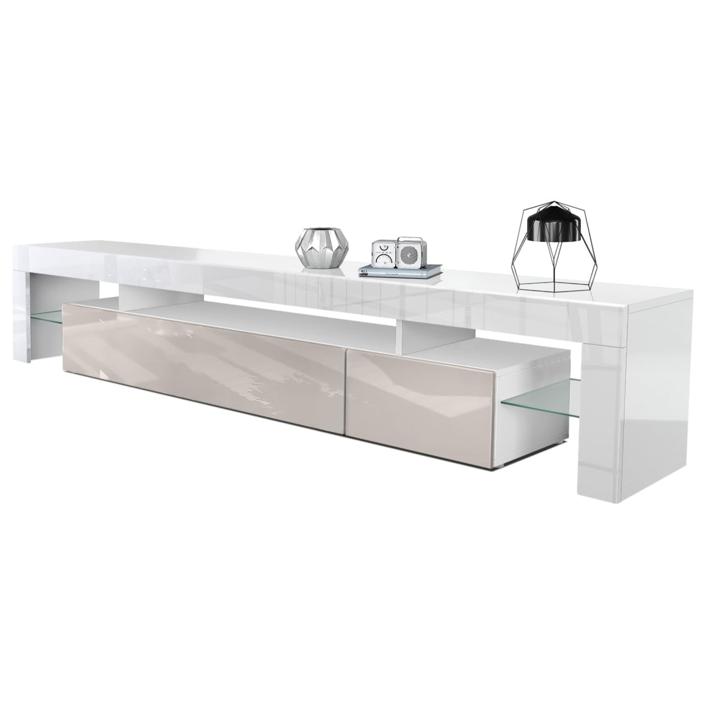 Vladon TV Stand Unit Lima V2, Carcass in White/Front in Black High Gloss