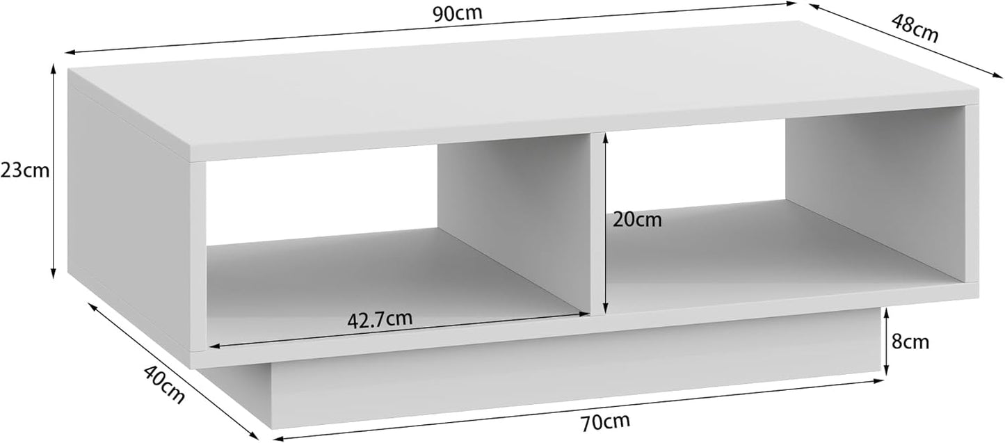 Coffee Table, White, Middle Table, Tea Table for Living Room, Modern and Stylish Rectangular Coffee Table with 2 Open Compartments, Rectangular Side Table, Sofa Table, for Bedroom, Office, 90 x 48 x 31 cm