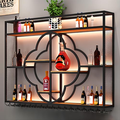 YDEHUEAD Moderne Metall Wand montiert Wein Display Rack, Flower Type-Schicht-Eisen-Rack, Wand Flaschenregal für Ba, Bar Einheit Floating Shelves, Flaschenregal für Home, Restaurant (Black, 150)