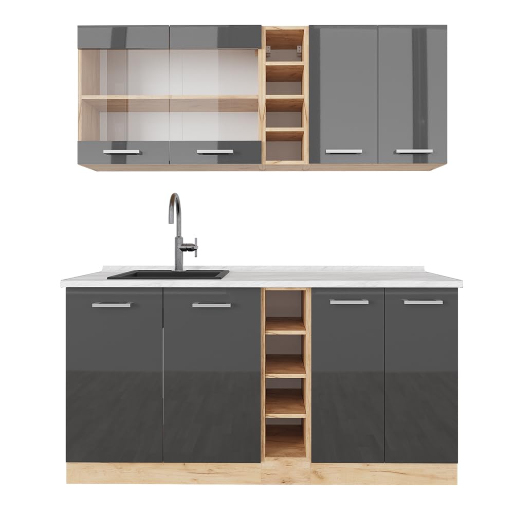 Vicco Single Kitchen R-Line Anthracite High Gloss / Goldkraft Oak 160 cm without Worktop