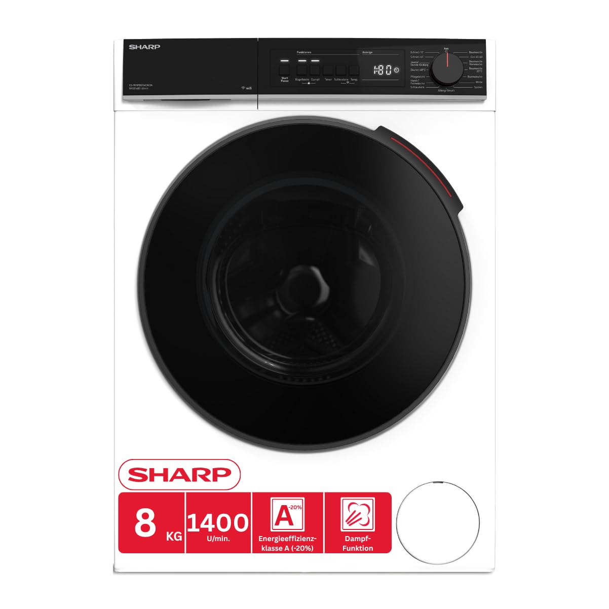 Sharp ES-WNFB214CWDA-DE Washing Machine, 12 kg, Energy Class A, 1400 rpm, Inverter Motor, AquaStop, WiFi App Control, Steam Function, Quick Wash, White
