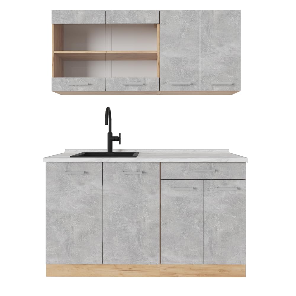 Vicco Single Kitchen R-Line, Black High Gloss / Gold Kraft Oak 140 cm, without Worktop