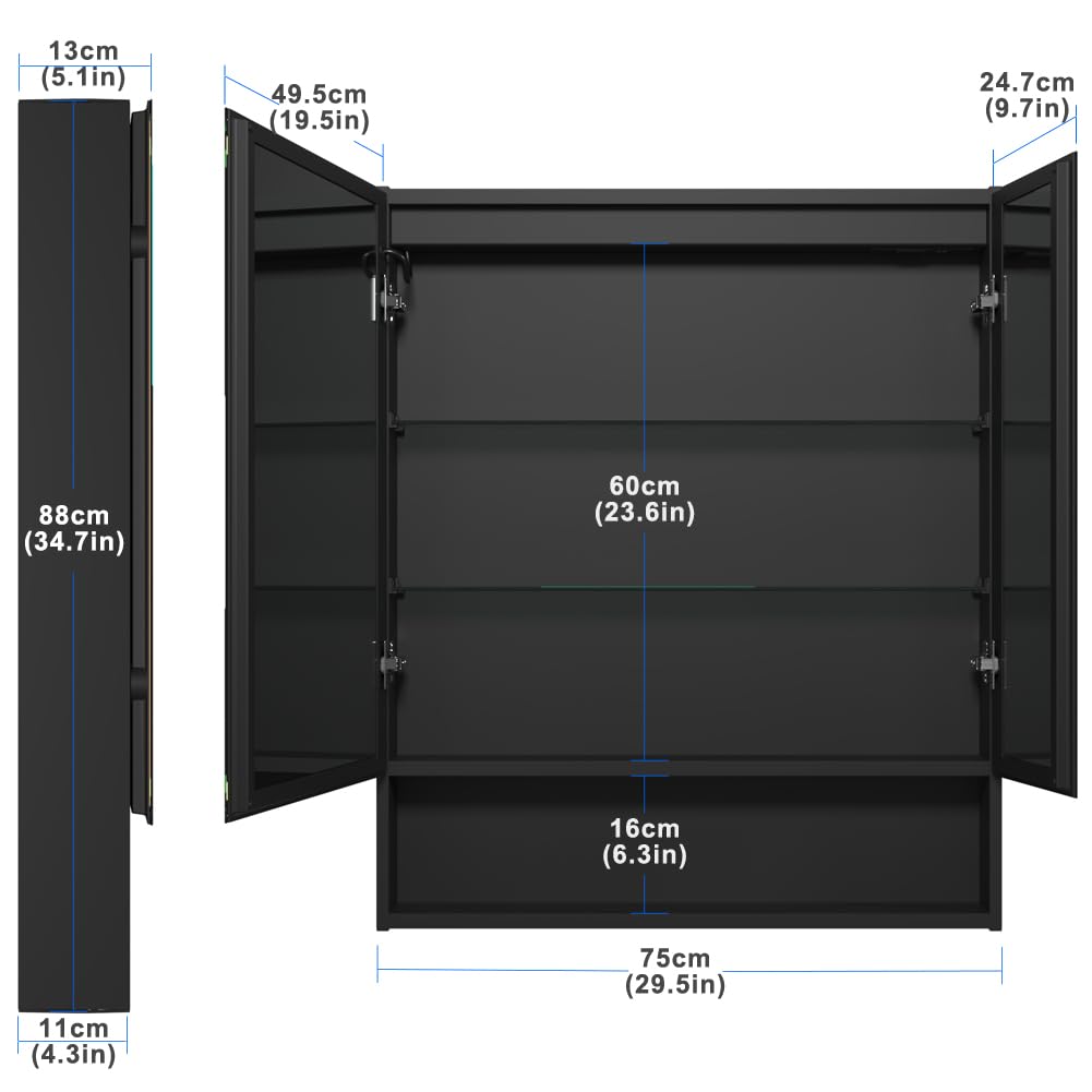 KWW LED Beleuchtetes Badezimmer Medizin Kabinett mit Spiegel, Farbtemperatur Einstellbar, Anti-Nebel Dimmbare Lichter, Steckdosen für USBs (75 x 70 cm)