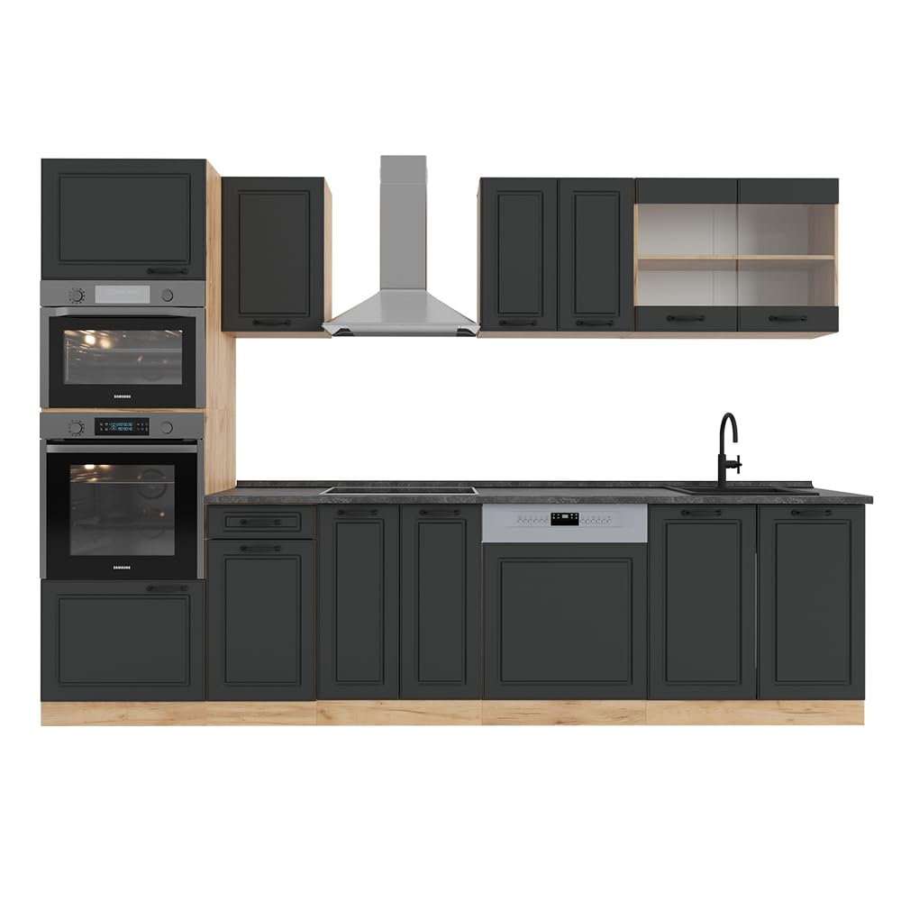 Vicco R-Line Kitchen Unit, High-Gloss Anthracite/Goldkraft Oak, 300 cm with Tall Cabinet, without Worktop