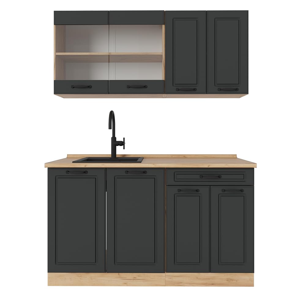 Vicco Single Kitchen R-Line, Black High Gloss / Gold Kraft Oak 140 cm, without Worktop