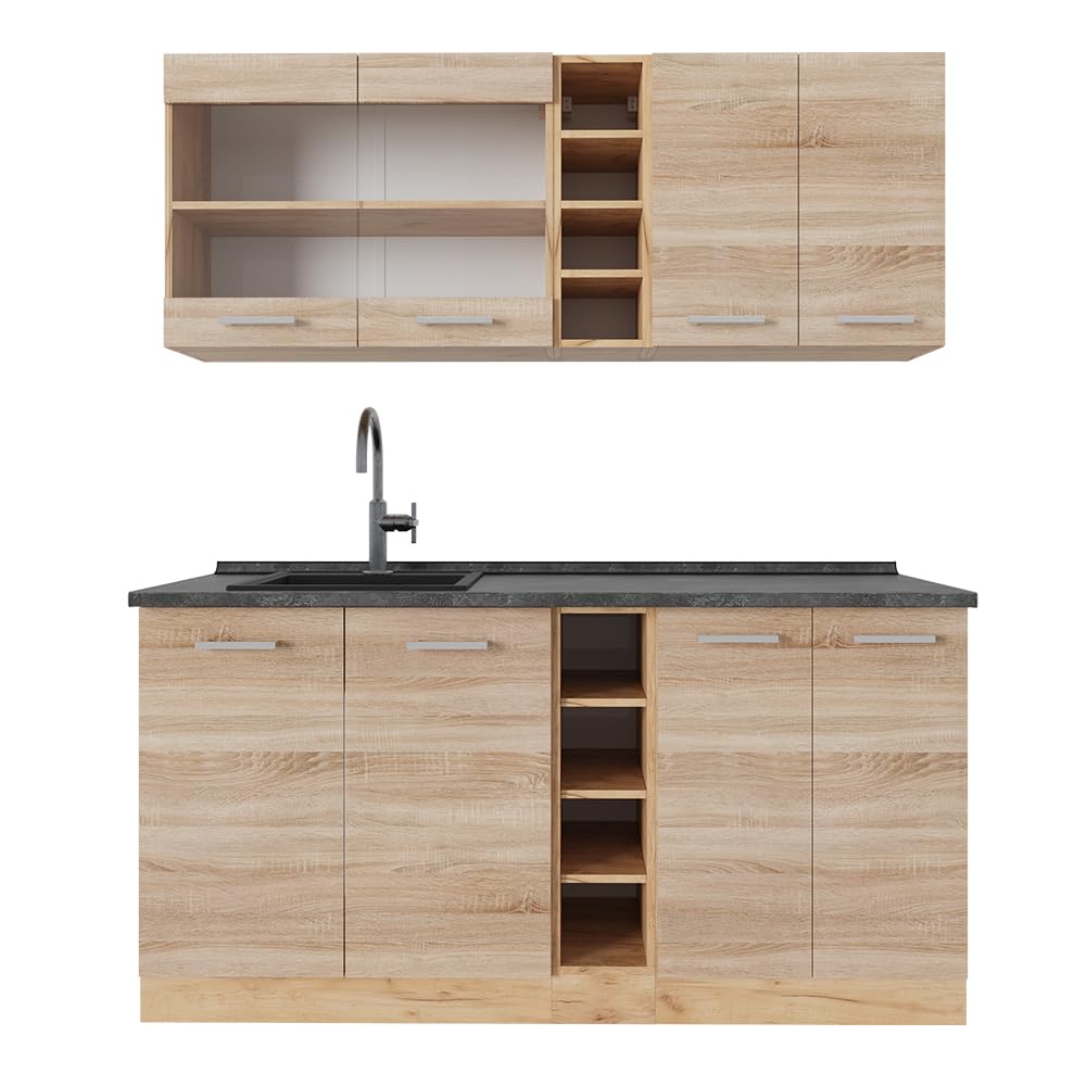Vicco Single Kitchen R-Line Anthracite High Gloss / Goldkraft Oak 160 cm without Worktop