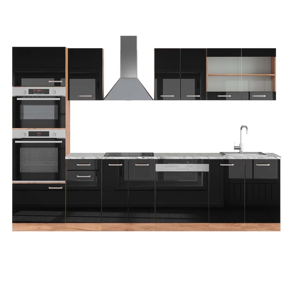 Vicco R-Line Kitchen Unit, High-Gloss Anthracite/Goldkraft Oak, 300 cm with Tall Cabinet, without Worktop
