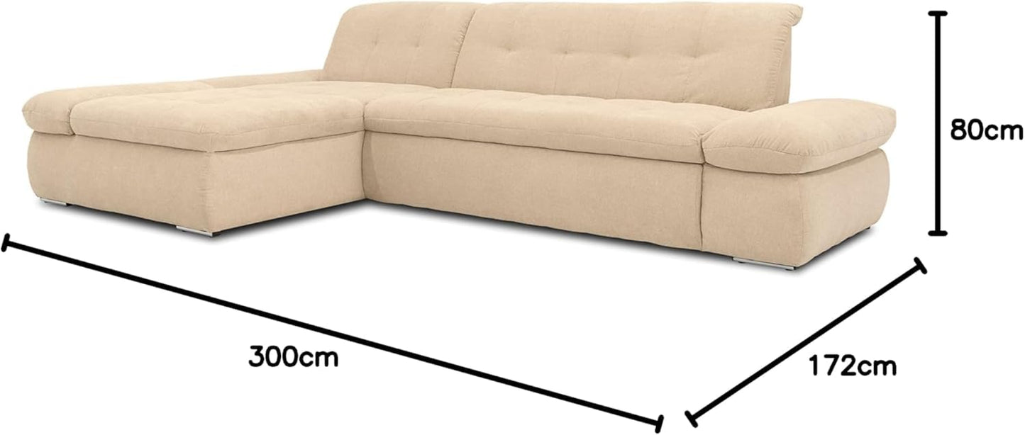 DOMO. collection Moric Corner Sofa, L-Shaped, Corner Sofa, L-shaped, 300 x 172 x 80 cm (W x D x H), Beige