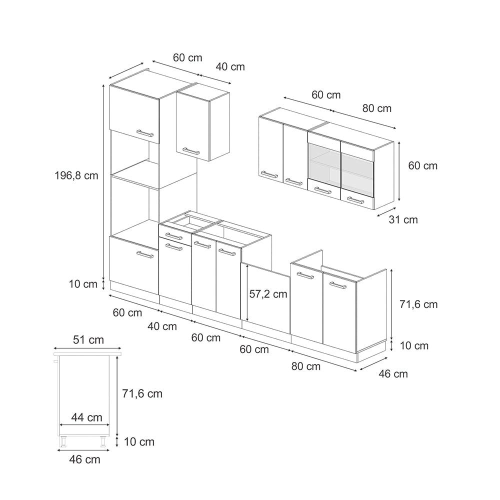 Vicco R-Line Kitchen Unit, High-Gloss Anthracite/White, 300 cm with Tall Cabinet, without Worktop