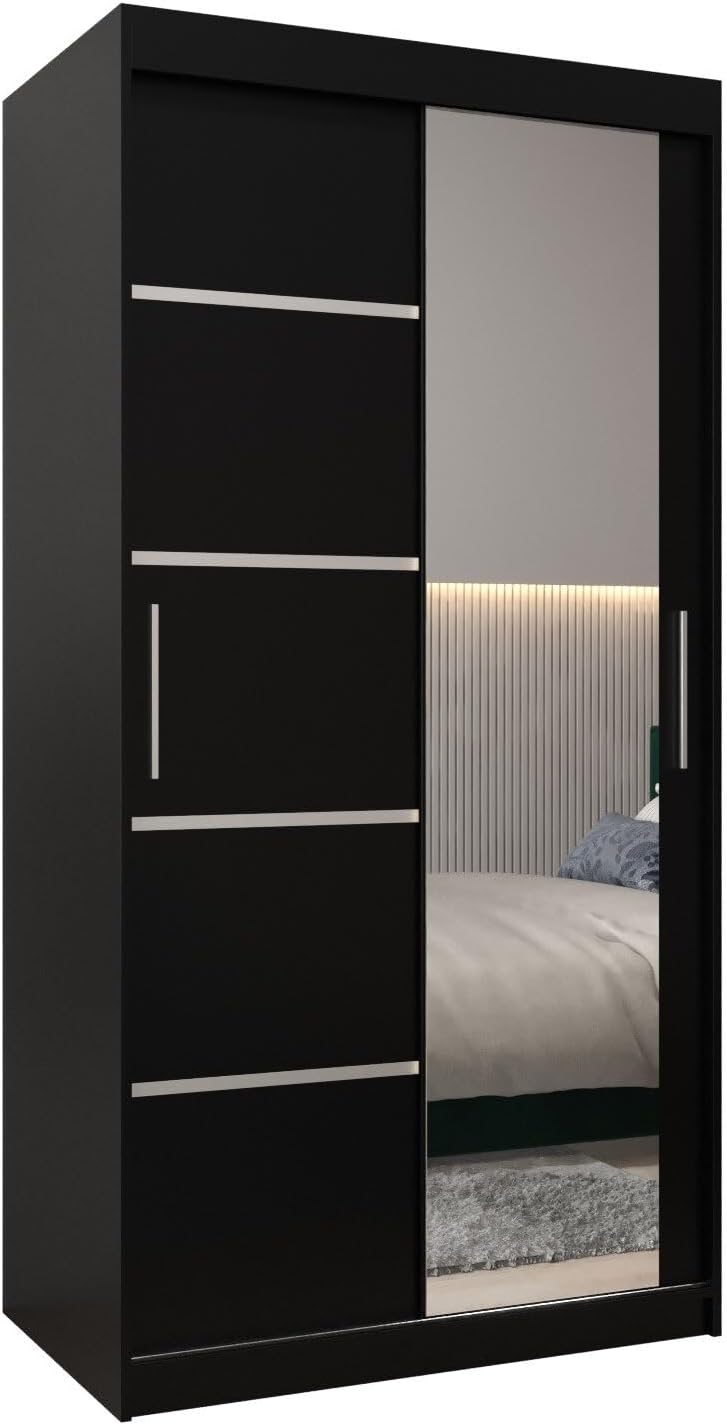 MEBLE KRYSPOL Verona 2, 250 cm Bedroom Wardrobe with Three Sliding Doors, Mirror, Clothes Rail and Shelves, 250 x 200 x 62 cm, Matt Black