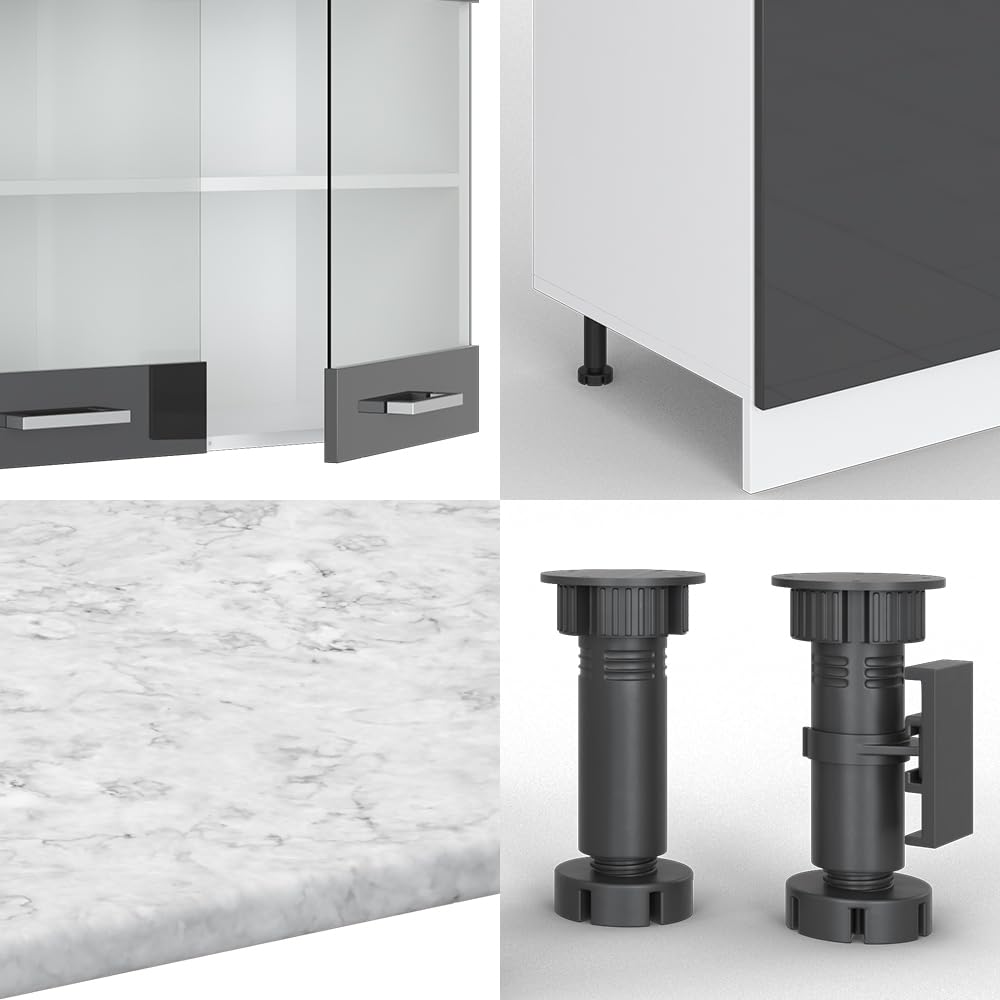 Vicco R-Line Kitchen Unit, High-Gloss Anthracite/White, 300 cm with Tall Cabinet, without Worktop