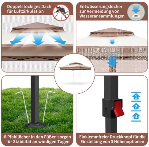 Bonnlo Folding Gazebo 3.3 x 3.3 m with 4 Mosquito Net Side Panels, Stable, UV-Resistant, Waterproof, Ventilated Double Roof, Height Adjustable Gazebo for Garden, Yard, Khaki