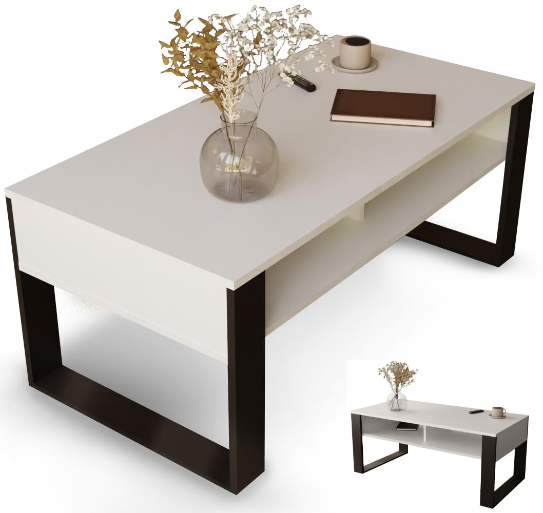 Artisan Coffee Table, Retro Loft Bench, Open Double Shelf, Skate Legs, Ideal for Coffee Get-Togethers, Laminated Top, Large Surface, Guaranteed Stability, White 3