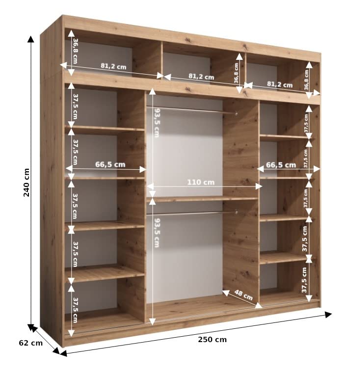 MEBLE KRYSPOL Verona 4 250 Bedroom Wardrobe Sliding Doors Cabinet with Mirror Wardrobe with Mirror Sliding Door Wardrobe Sliding Doors - 250 x 240 x 62 cm - Sonoma with Extension