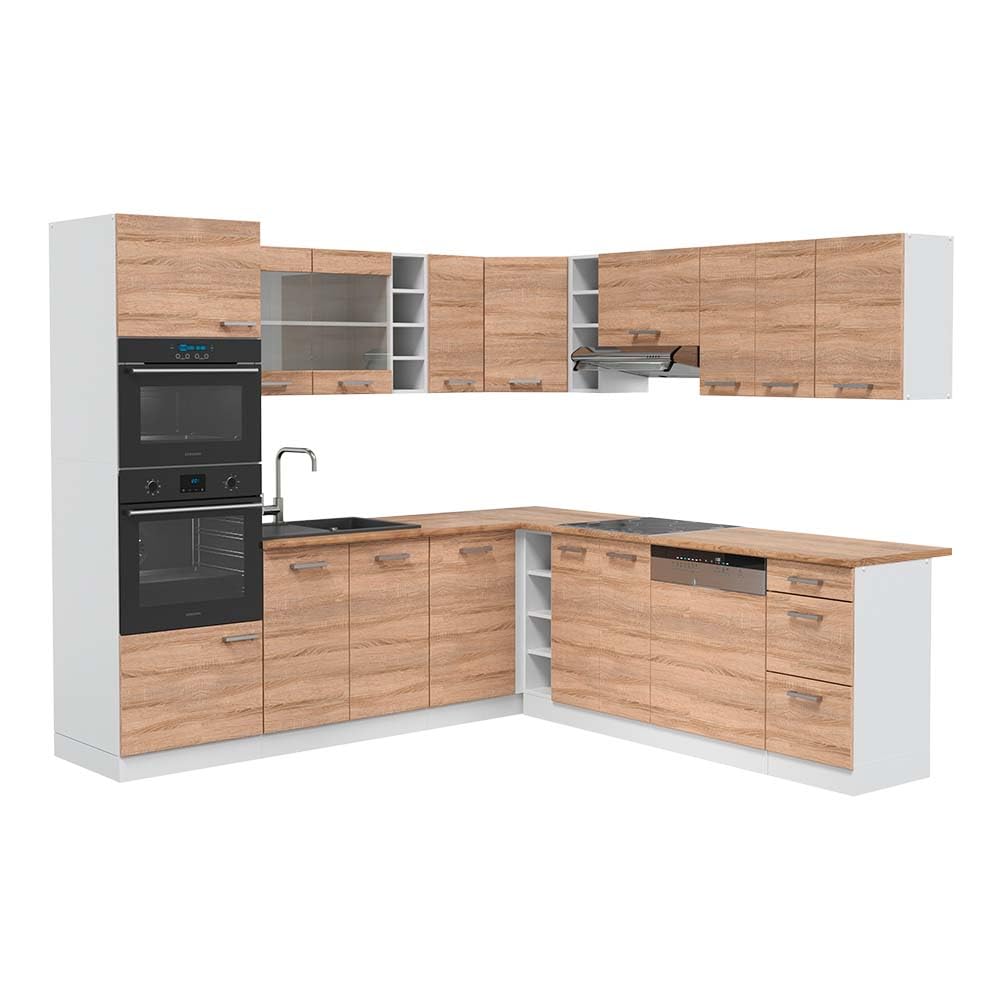 Vicco R-Line Fitted Kitchen Cabinets Country House Kitchen Furniture (White, Corner 247 x 237 cm)