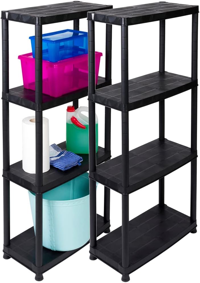 Kreher Economy Set of 2 Plastic Shelves, Household Shelves, Black, 4 Shelves, Max. 100 kg Load per Shelf, 61 x 30.5 x 130 H cm, TÜV Rheinland