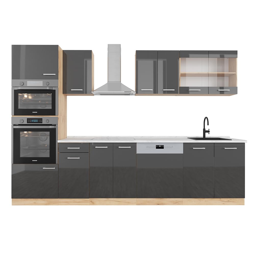 Vicco R-Line Kitchen Unit, High-Gloss Anthracite/Goldkraft Oak, 300 cm with Tall Cabinet, without Worktop