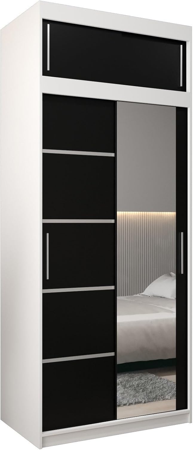 MEBLE KRYSPOL Verona 2, 250 cm Bedroom Wardrobe with Three Sliding Doors, Mirror, Clothes Rail and Shelves, 250 x 200 x 62 cm, Matt Black