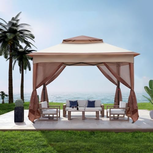 Bonnlo Folding Gazebo 3.3 x 3.3 m with 4 Mosquito Net Side Panels, Stable, UV-Resistant, Waterproof, Ventilated Double Roof, Height Adjustable Gazebo for Garden, Yard, Khaki