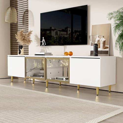 TV Cabinet with 3 Drawers, TV Table with Golden Handles and Legs, Modern TV Stand for TVs up to 75 Inches, Rounded Corners, TV Cabinet for Living Room, 174 x 35 x 41 cm, White