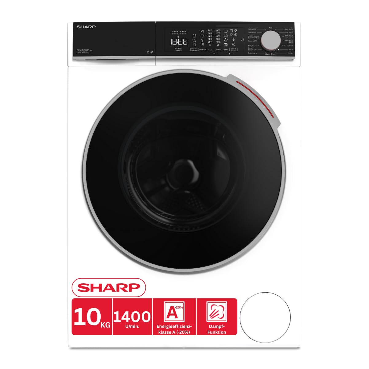 Sharp ES-WNFL914CMDA-DE Washing Machine, 9 kg, 1400 rpm, Energy Efficiency Class A (-20%), Inverter Motor, AquaStop, AquaGuard, WiFi, LED Touch, Steam Function, Black
