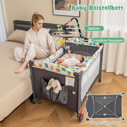 DREAMADE 5-in-1 Baby Travel Cot, 120 x 60 cm, Side Bed with Mattress & Changing Table, Music Box & Toy, Height-Adjustable Baby Bed for Baby from Birth (Dark Grey)