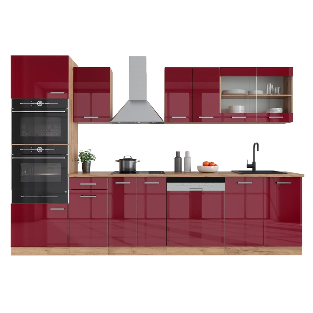 Vicco R-Line Kitchen Unit, High-Gloss Anthracite/Goldkraft Oak, 300 cm with Tall Cabinet, without Worktop