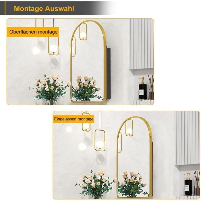 Arched Medicine Cabinet with Mirror, Recessed Medicine Cabinet, Aluminum Frame, Surface Mounted, Gold Mirror Cabinet with Storage for Bathroom, 40 x 80 cm
