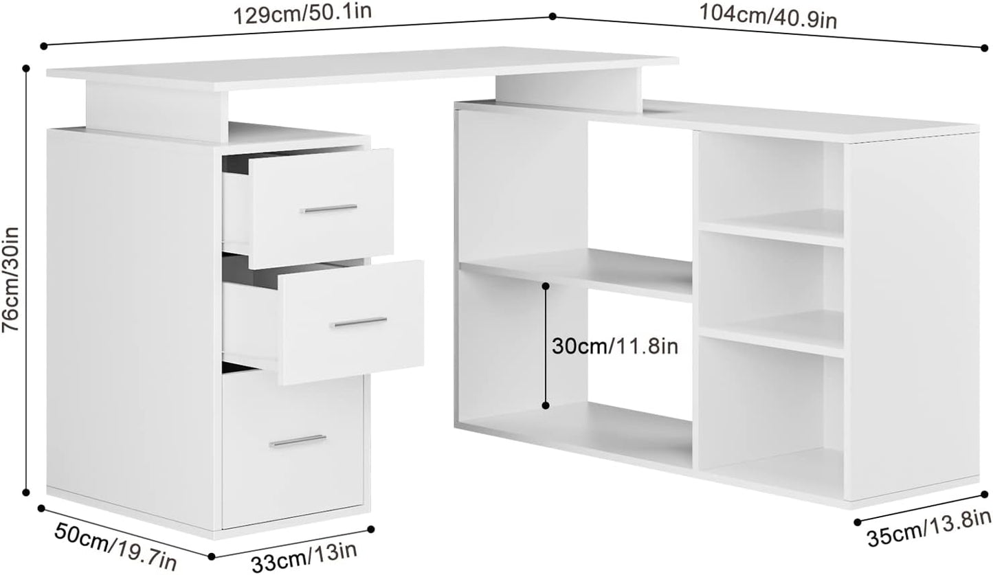 FirFurd 129 x 104 cm Corner Desk, L-shaped Desk, Kids Computer Desk for Adults with 3 Drawers and 5 Shelves for Home Office, 129 x 104 x 76 cm, White