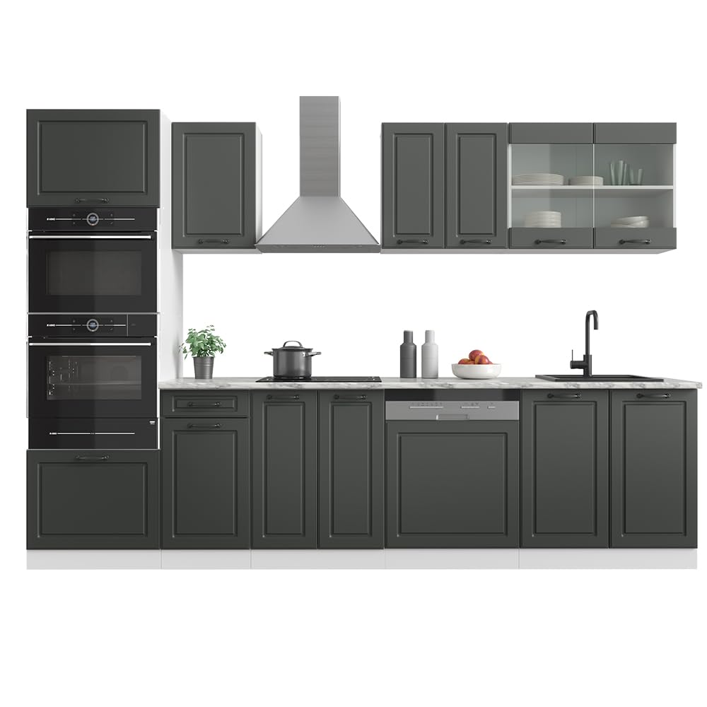 Vicco R-Line Kitchen Unit, High-Gloss Anthracite/White, 300 cm with Tall Cabinet, without Worktop