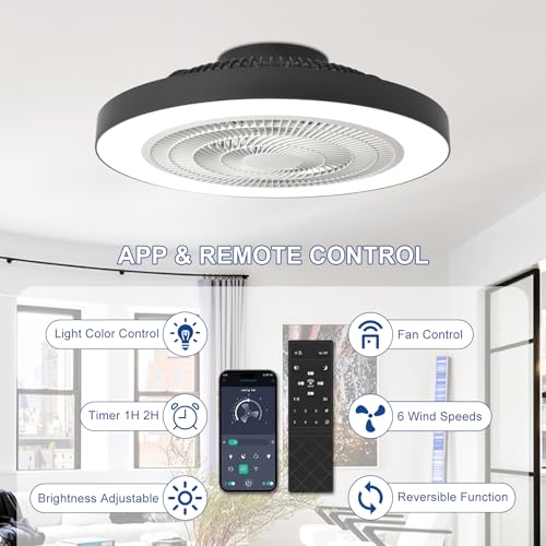 Depuley Ceiling Fan with Light: 20 Inch Ceiling Fan for Bedroom Modern Flat with Lighting - Smart App and Remote Control White Bladeless Fan with Lamp for Kitchen